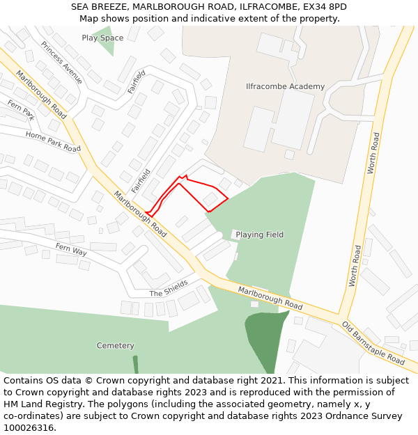 SEA BREEZE, MARLBOROUGH ROAD, ILFRACOMBE, EX34 8PD: Location map and indicative extent of plot