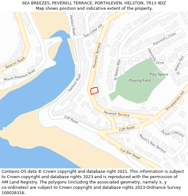 SEA BREEZES, PEVERELL TERRACE, PORTHLEVEN, HELSTON, TR13 9DZ: Location map and indicative extent of plot