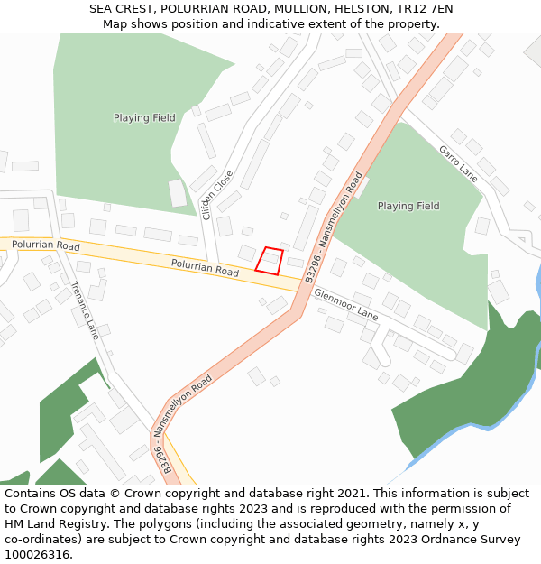 SEA CREST, POLURRIAN ROAD, MULLION, HELSTON, TR12 7EN: Location map and indicative extent of plot