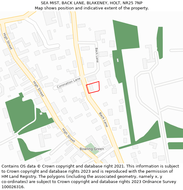 SEA MIST, BACK LANE, BLAKENEY, HOLT, NR25 7NP: Location map and indicative extent of plot