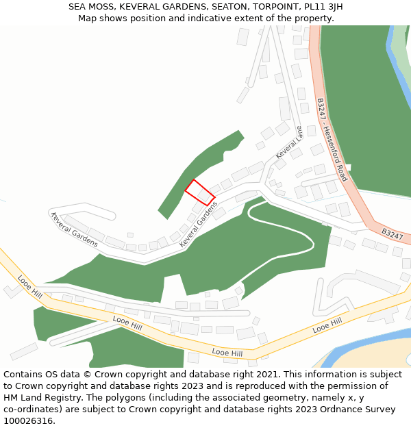 SEA MOSS, KEVERAL GARDENS, SEATON, TORPOINT, PL11 3JH: Location map and indicative extent of plot