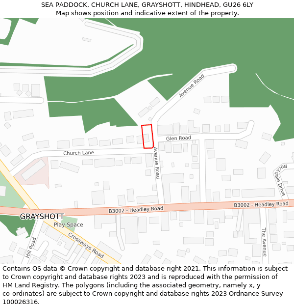 SEA PADDOCK, CHURCH LANE, GRAYSHOTT, HINDHEAD, GU26 6LY: Location map and indicative extent of plot