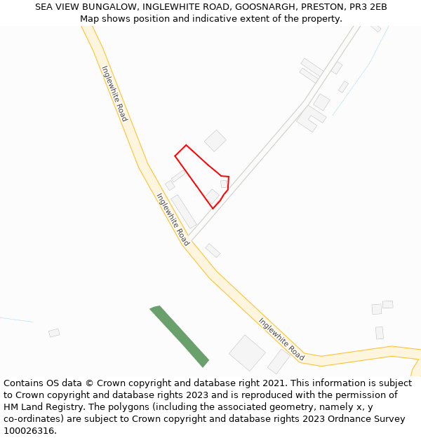 SEA VIEW BUNGALOW, INGLEWHITE ROAD, GOOSNARGH, PRESTON, PR3 2EB: Location map and indicative extent of plot