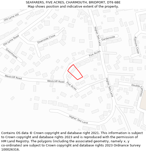 SEAFARERS, FIVE ACRES, CHARMOUTH, BRIDPORT, DT6 6BE: Location map and indicative extent of plot