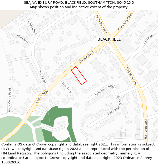 SEAJAY, EXBURY ROAD, BLACKFIELD, SOUTHAMPTON, SO45 1XD: Location map and indicative extent of plot