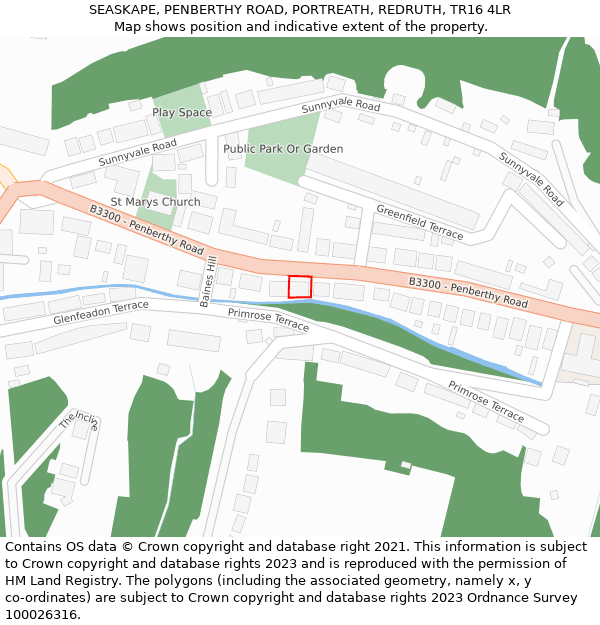 SEASKAPE, PENBERTHY ROAD, PORTREATH, REDRUTH, TR16 4LR: Location map and indicative extent of plot