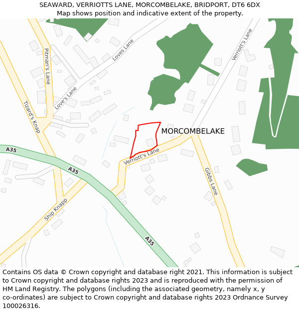 SEAWARD, VERRIOTTS LANE, MORCOMBELAKE, BRIDPORT, DT6 6DX: Location map and indicative extent of plot