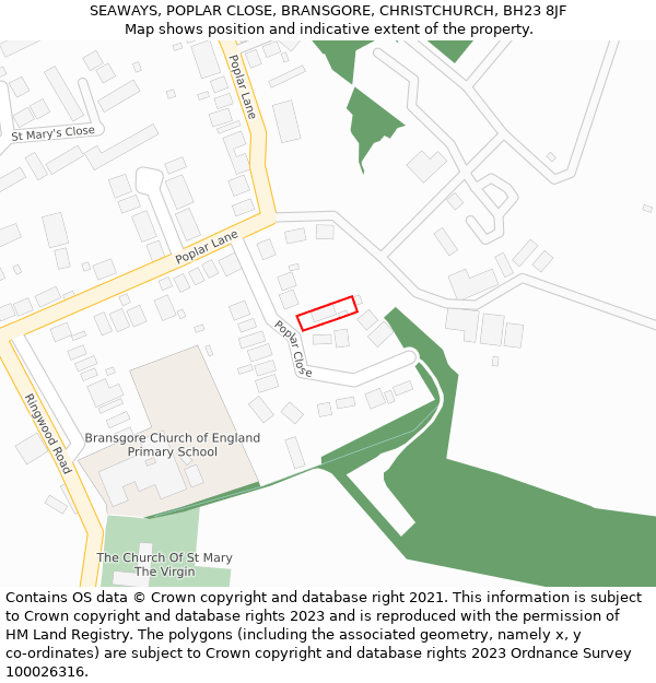 SEAWAYS, POPLAR CLOSE, BRANSGORE, CHRISTCHURCH, BH23 8JF: Location map and indicative extent of plot