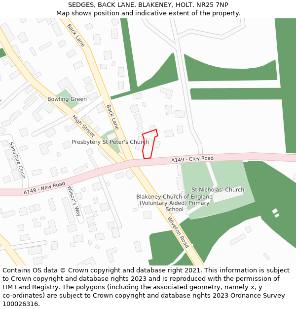 SEDGES, BACK LANE, BLAKENEY, HOLT, NR25 7NP: Location map and indicative extent of plot