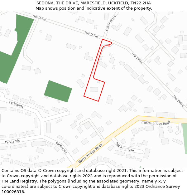 SEDONA, THE DRIVE, MARESFIELD, UCKFIELD, TN22 2HA: Location map and indicative extent of plot