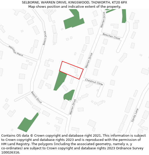 SELBORNE, WARREN DRIVE, KINGSWOOD, TADWORTH, KT20 6PX: Location map and indicative extent of plot