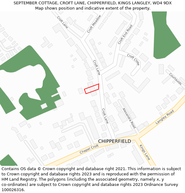 SEPTEMBER COTTAGE, CROFT LANE, CHIPPERFIELD, KINGS LANGLEY, WD4 9DX: Location map and indicative extent of plot