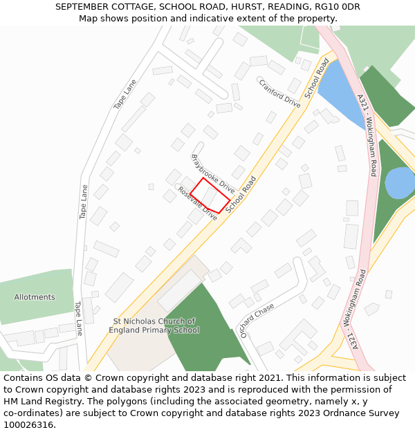SEPTEMBER COTTAGE, SCHOOL ROAD, HURST, READING, RG10 0DR: Location map and indicative extent of plot