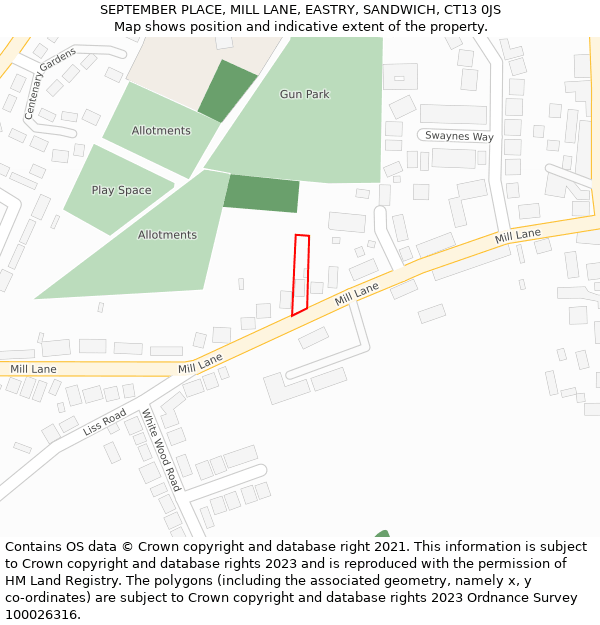 SEPTEMBER PLACE, MILL LANE, EASTRY, SANDWICH, CT13 0JS: Location map and indicative extent of plot
