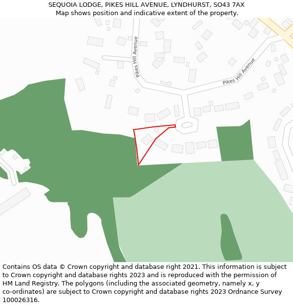 SEQUOIA LODGE, PIKES HILL AVENUE, LYNDHURST, SO43 7AX: Location map and indicative extent of plot