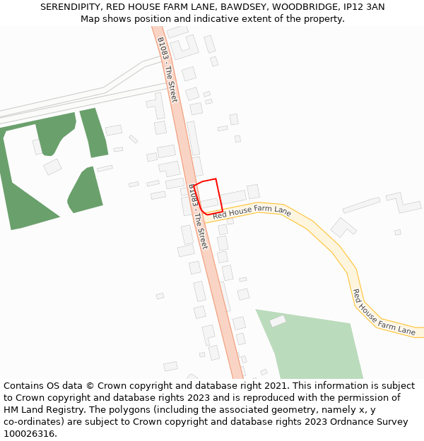 SERENDIPITY, RED HOUSE FARM LANE, BAWDSEY, WOODBRIDGE, IP12 3AN: Location map and indicative extent of plot