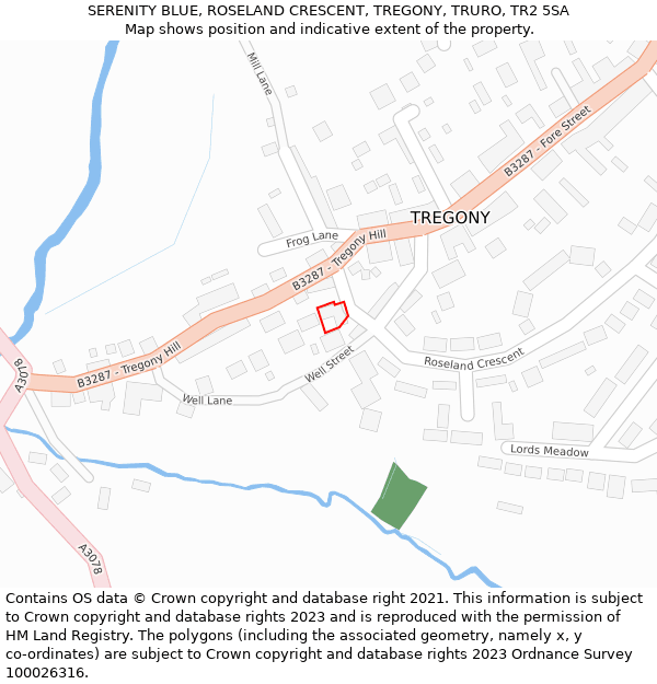 SERENITY BLUE, ROSELAND CRESCENT, TREGONY, TRURO, TR2 5SA: Location map and indicative extent of plot