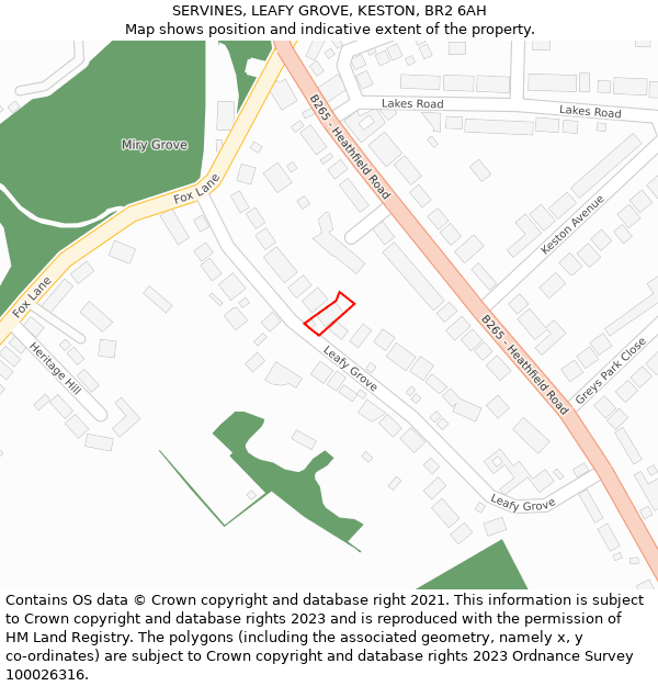 SERVINES, LEAFY GROVE, KESTON, BR2 6AH: Location map and indicative extent of plot