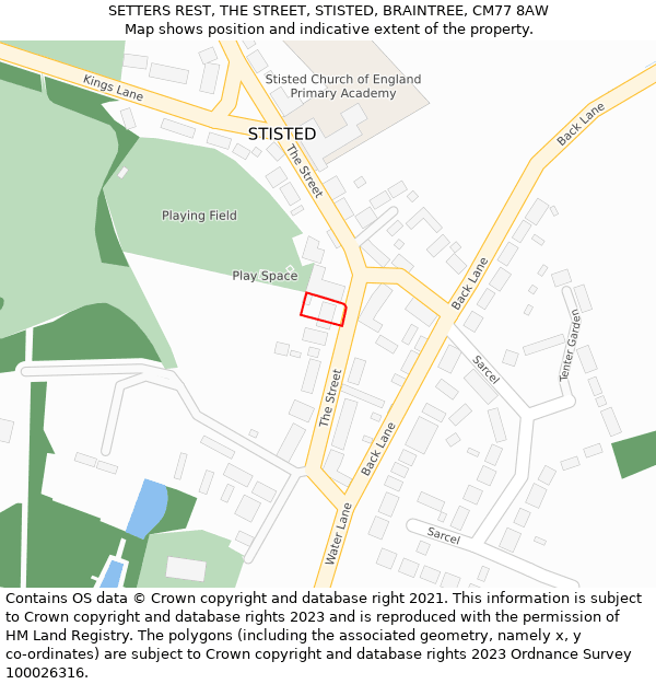 SETTERS REST, THE STREET, STISTED, BRAINTREE, CM77 8AW: Location map and indicative extent of plot