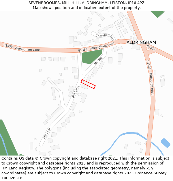 SEVENBROOMES, MILL HILL, ALDRINGHAM, LEISTON, IP16 4PZ: Location map and indicative extent of plot