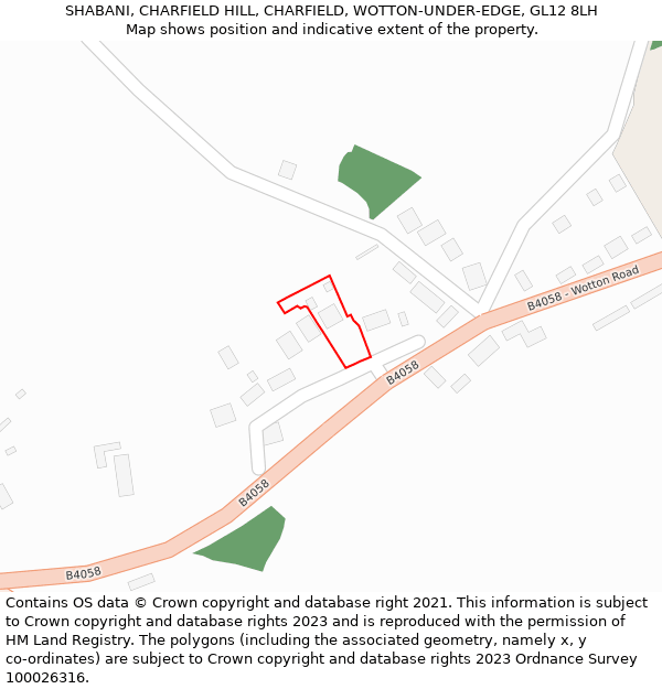 SHABANI, CHARFIELD HILL, CHARFIELD, WOTTON-UNDER-EDGE, GL12 8LH: Location map and indicative extent of plot