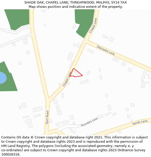 SHADE OAK, CHAPEL LANE, THREAPWOOD, MALPAS, SY14 7AX: Location map and indicative extent of plot