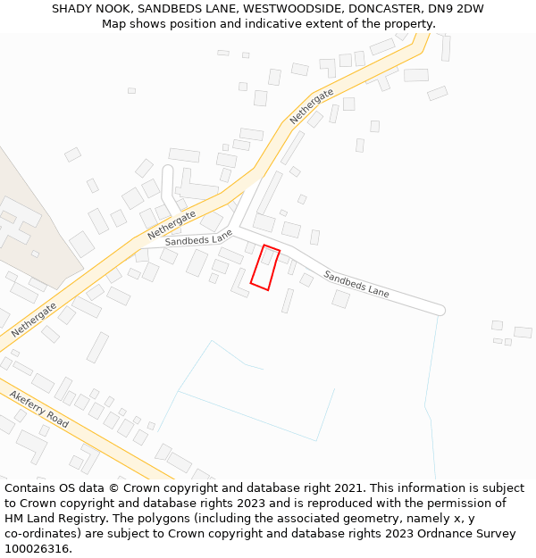 SHADY NOOK, SANDBEDS LANE, WESTWOODSIDE, DONCASTER, DN9 2DW: Location map and indicative extent of plot