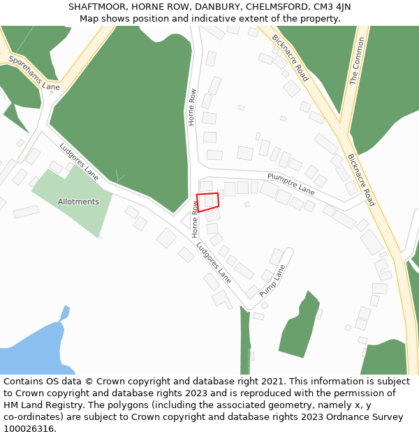SHAFTMOOR, HORNE ROW, DANBURY, CHELMSFORD, CM3 4JN: Location map and indicative extent of plot