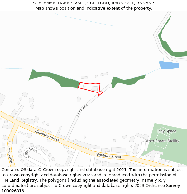 SHALAMAR, HARRIS VALE, COLEFORD, RADSTOCK, BA3 5NP: Location map and indicative extent of plot