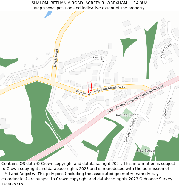 SHALOM, BETHANIA ROAD, ACREFAIR, WREXHAM, LL14 3UA: Location map and indicative extent of plot