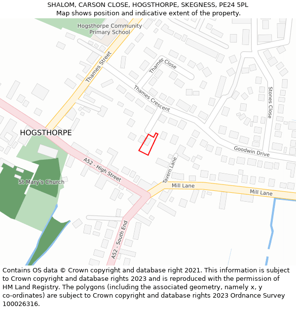 SHALOM, CARSON CLOSE, HOGSTHORPE, SKEGNESS, PE24 5PL: Location map and indicative extent of plot