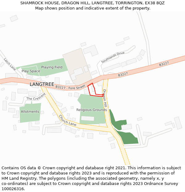 SHAMROCK HOUSE, DRAGON HILL, LANGTREE, TORRINGTON, EX38 8QZ: Location map and indicative extent of plot