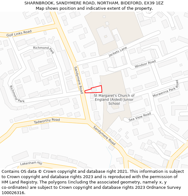 SHARNBROOK, SANDYMERE ROAD, NORTHAM, BIDEFORD, EX39 1EZ: Location map and indicative extent of plot