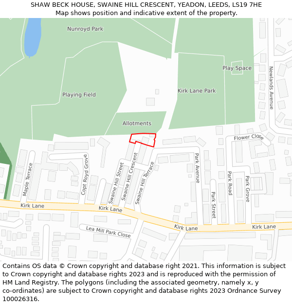 SHAW BECK HOUSE, SWAINE HILL CRESCENT, YEADON, LEEDS, LS19 7HE: Location map and indicative extent of plot