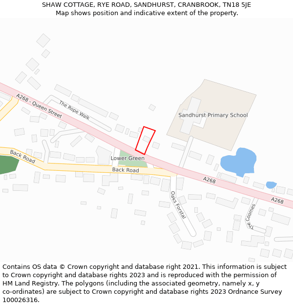 SHAW COTTAGE, RYE ROAD, SANDHURST, CRANBROOK, TN18 5JE: Location map and indicative extent of plot