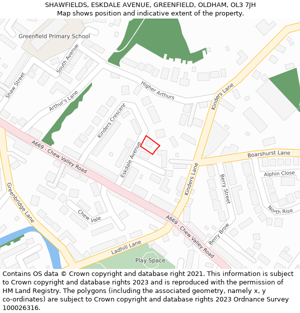 SHAWFIELDS, ESKDALE AVENUE, GREENFIELD, OLDHAM, OL3 7JH: Location map and indicative extent of plot