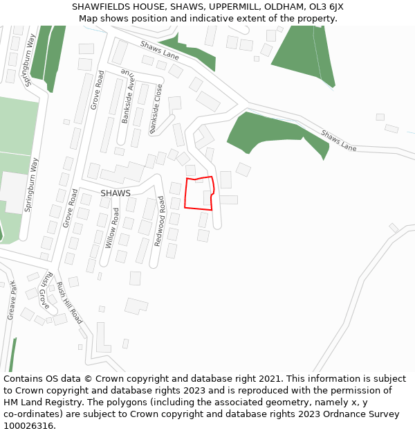 SHAWFIELDS HOUSE, SHAWS, UPPERMILL, OLDHAM, OL3 6JX: Location map and indicative extent of plot