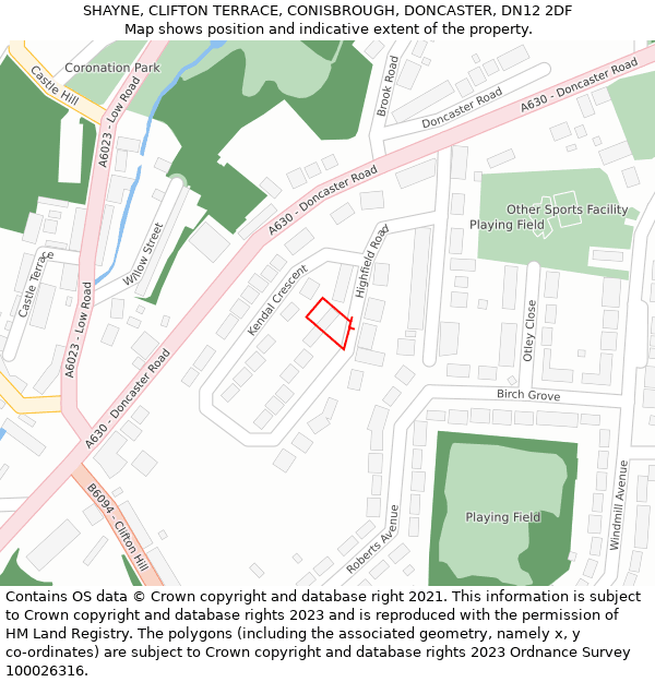 SHAYNE, CLIFTON TERRACE, CONISBROUGH, DONCASTER, DN12 2DF: Location map and indicative extent of plot