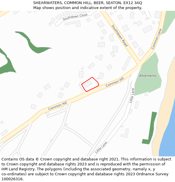 SHEARWATERS, COMMON HILL, BEER, SEATON, EX12 3AQ: Location map and indicative extent of plot