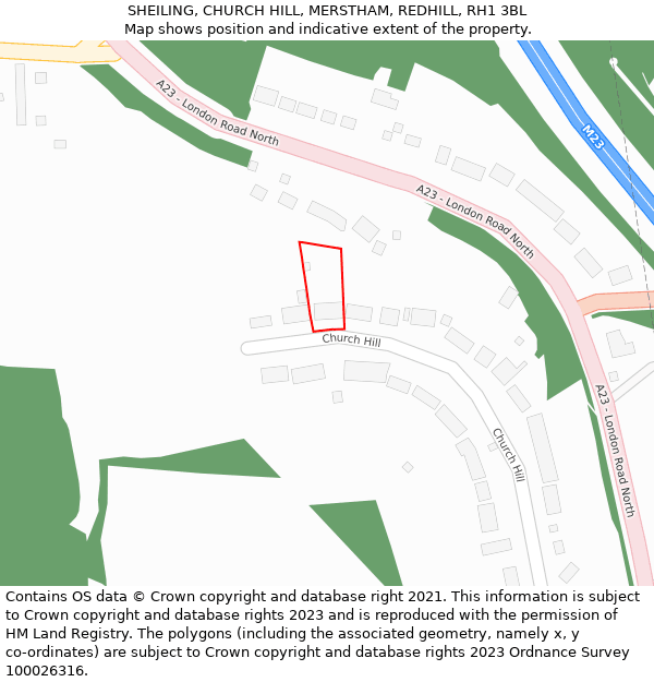 SHEILING, CHURCH HILL, MERSTHAM, REDHILL, RH1 3BL: Location map and indicative extent of plot