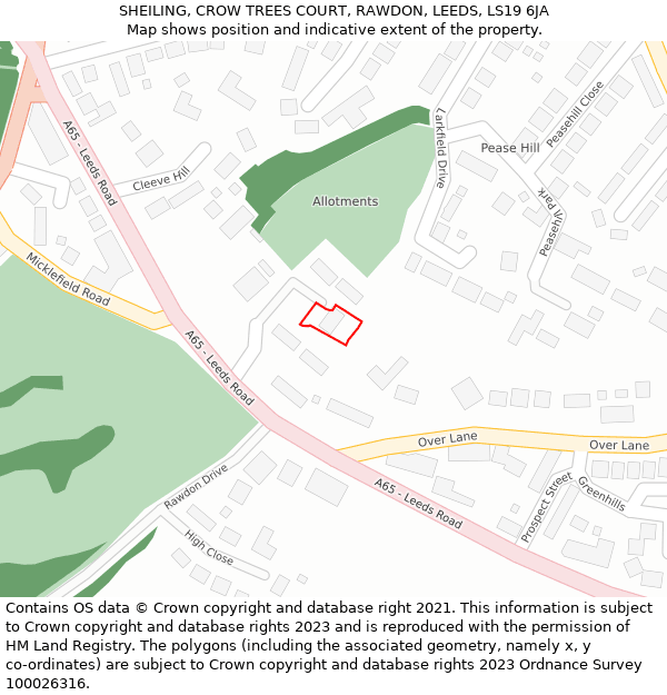 SHEILING, CROW TREES COURT, RAWDON, LEEDS, LS19 6JA: Location map and indicative extent of plot
