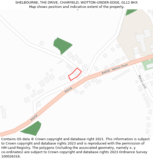 SHELBOURNE, THE DRIVE, CHARFIELD, WOTTON-UNDER-EDGE, GL12 8HX: Location map and indicative extent of plot