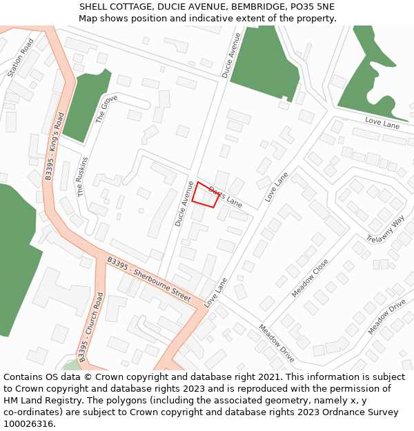 SHELL COTTAGE, DUCIE AVENUE, BEMBRIDGE, PO35 5NE: Location map and indicative extent of plot