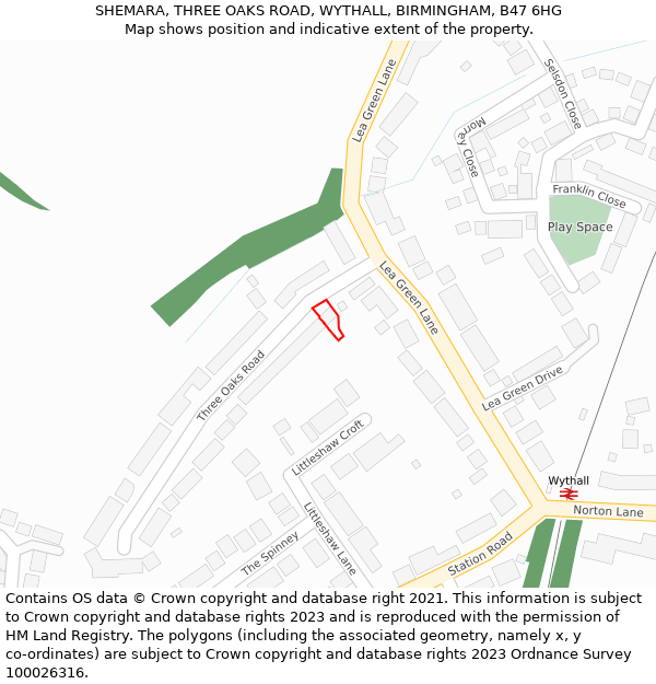 SHEMARA, THREE OAKS ROAD, WYTHALL, BIRMINGHAM, B47 6HG: Location map and indicative extent of plot