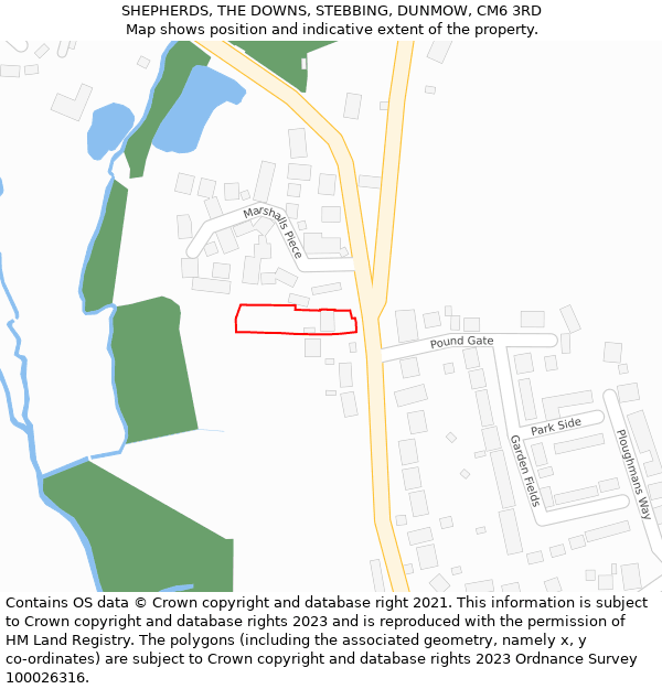 SHEPHERDS, THE DOWNS, STEBBING, DUNMOW, CM6 3RD: Location map and indicative extent of plot