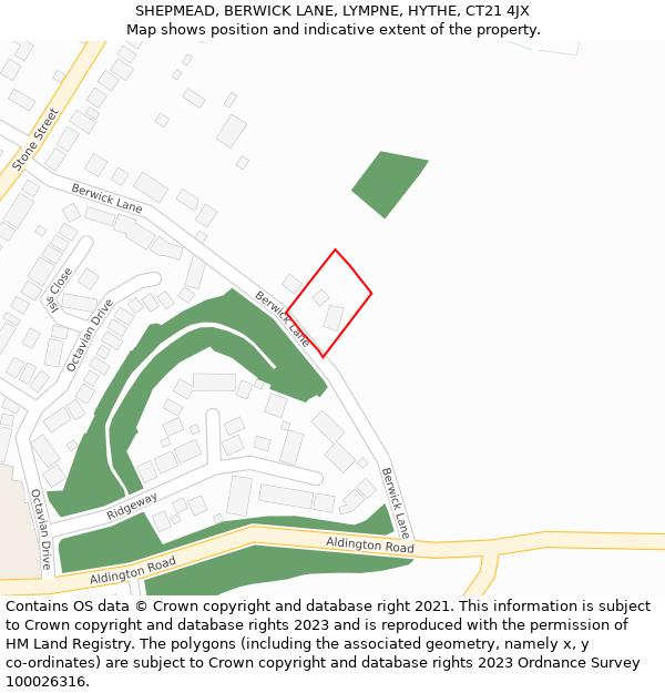 SHEPMEAD, BERWICK LANE, LYMPNE, HYTHE, CT21 4JX: Location map and indicative extent of plot