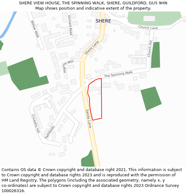 SHERE VIEW HOUSE, THE SPINNING WALK, SHERE, GUILDFORD, GU5 9HN: Location map and indicative extent of plot