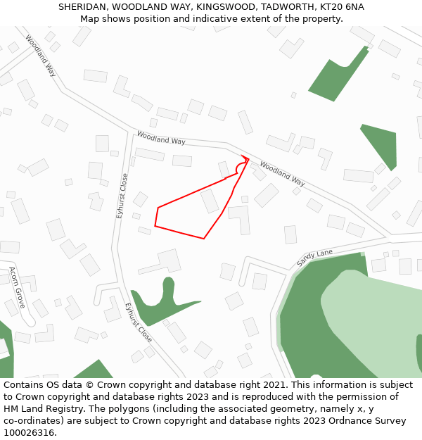 SHERIDAN, WOODLAND WAY, KINGSWOOD, TADWORTH, KT20 6NA: Location map and indicative extent of plot