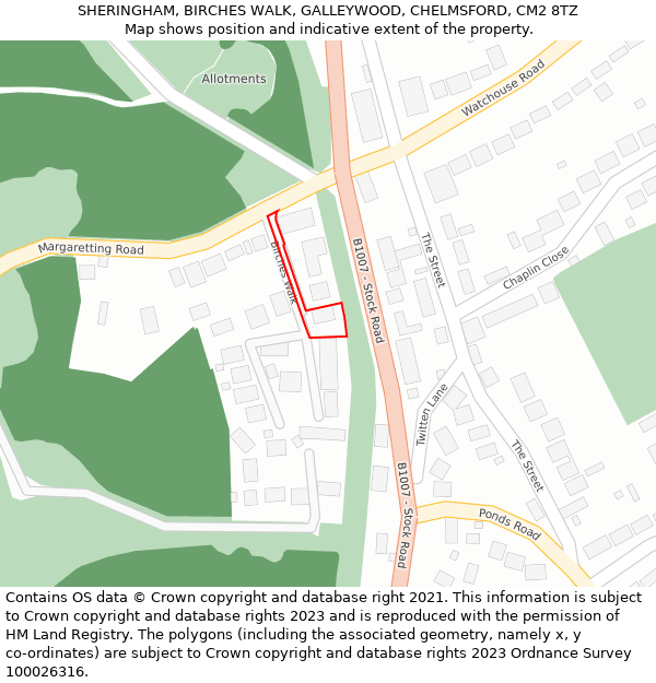 SHERINGHAM, BIRCHES WALK, GALLEYWOOD, CHELMSFORD, CM2 8TZ: Location map and indicative extent of plot
