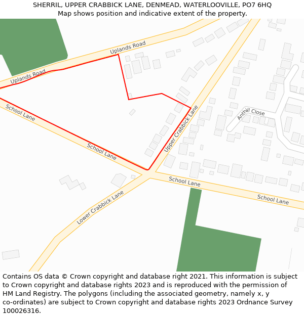SHERRIL, UPPER CRABBICK LANE, DENMEAD, WATERLOOVILLE, PO7 6HQ: Location map and indicative extent of plot